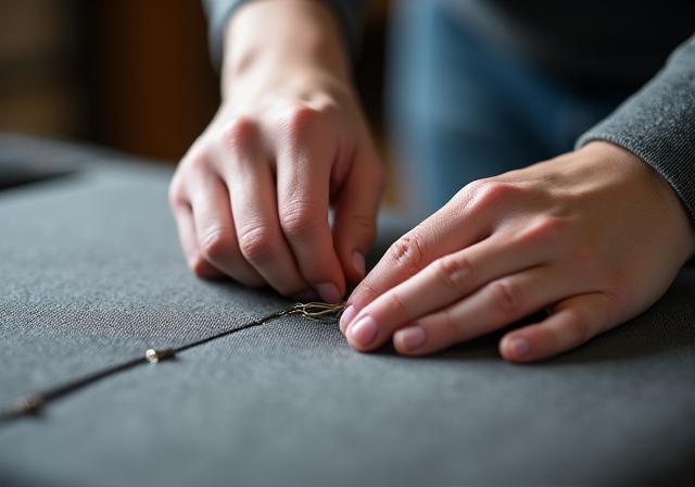 A close-up of an upholsterer's hands carefully stitching a seam on a piece of grey fabric, showcasing meticulous craftsmanship.