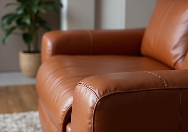 The same leather sofa, now fully restored with a rich, uniform chestnut color, smooth surface, and an immaculate finish.