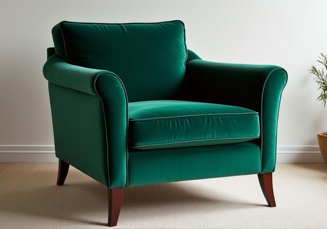 The same armchair, now looking luxurious and modern with a deep green velvet upholstery, clean lines, and polished wooden legs.