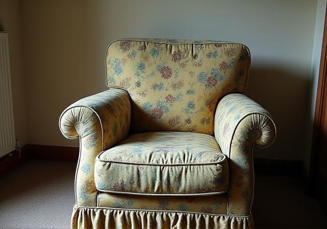 A worn-out armchair with a faded, dated floral pattern from the 1970s, showing significant signs of age and wear.