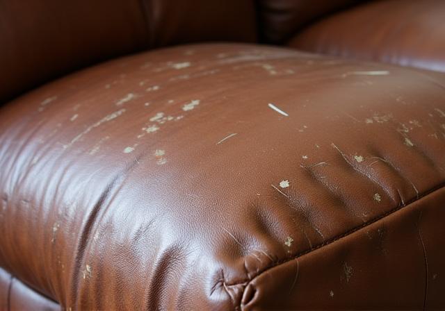 A damaged brown leather sofa with visible cat scratches, sun-faded patches, and general wear and tear.