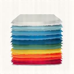 Icon showing a stack of colorful fabric swatches, representing material selection.