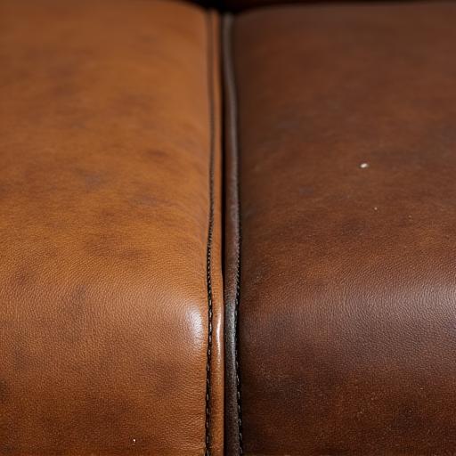 A close-up view of a brown leather sofa, half of which is restored and rich in color, the other half faded and damaged, highlighting the repair process.