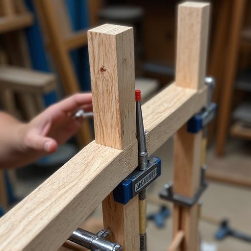 A wooden chair frame being clamped and glued in a workshop, showing structural repair in progress by a skilled artisan.